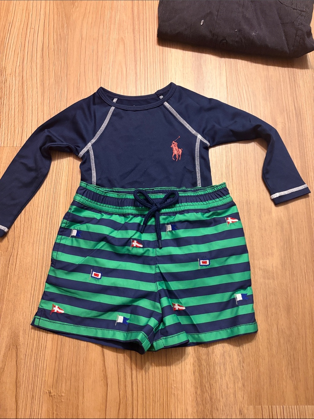 Ralph Lauren Navy Rashguard with Green and Blue Striped Swim Shorts Size 12M